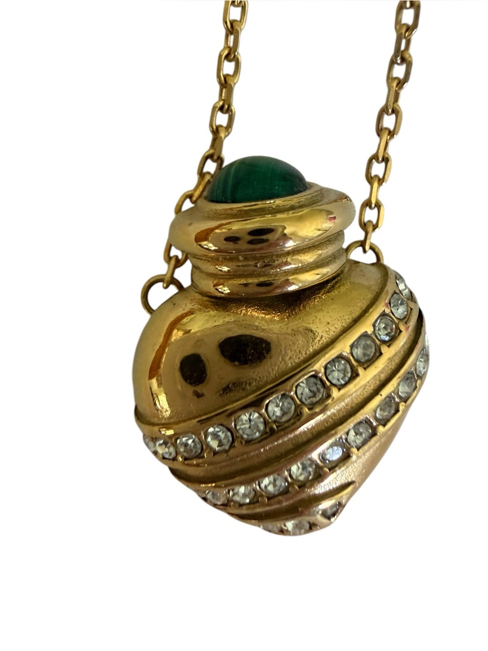 Gold Tone Pendant Necklace with Green Cabochon and Rhinestones - Picture 1 of 4